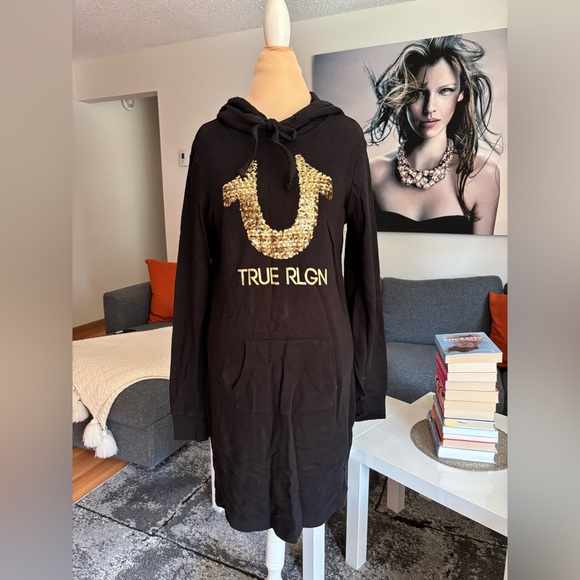 True Religion Dresses & Skirts - True Religion Black Hoodie Dress with Gold Sequin Horseshoe